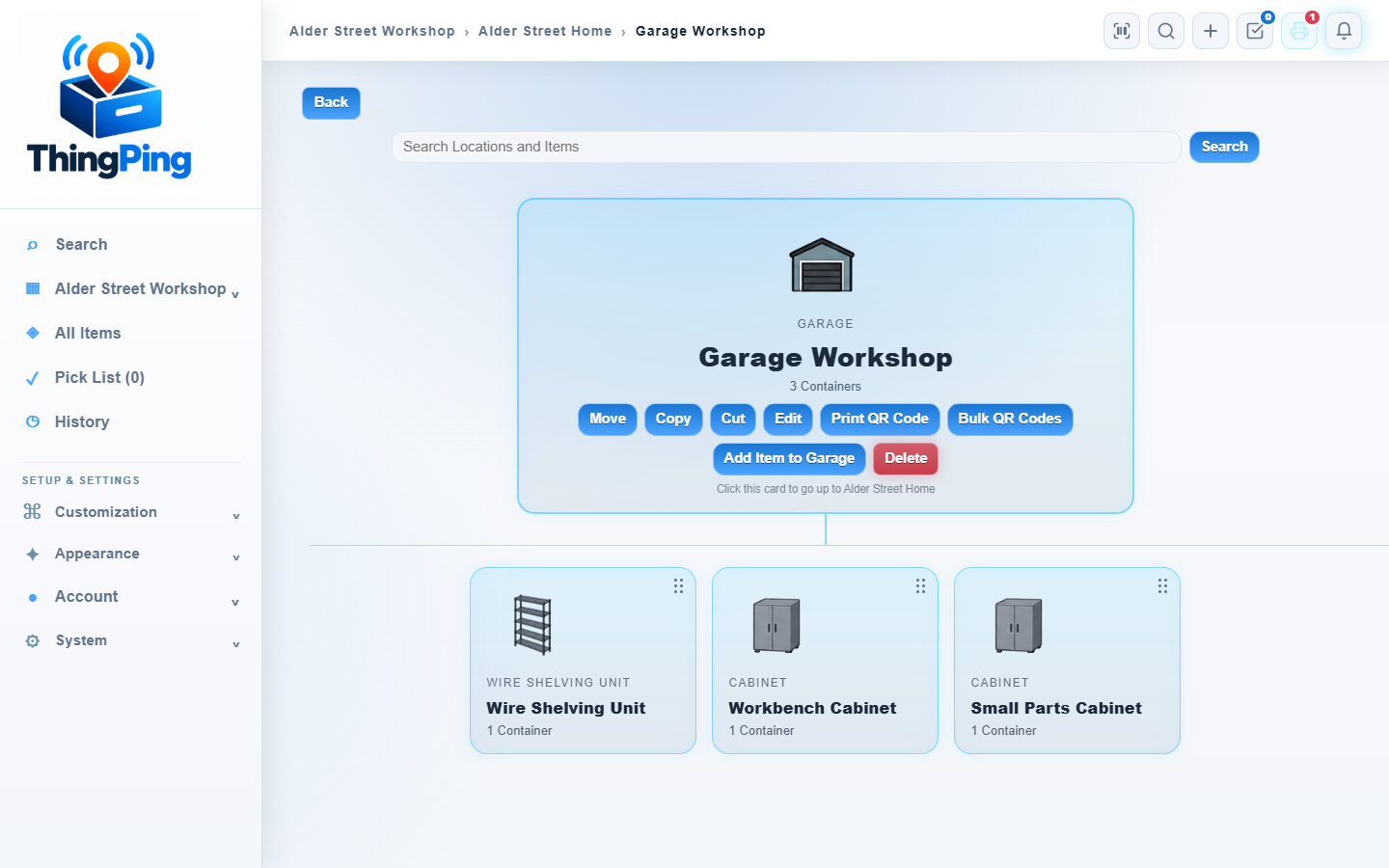 ThingPing Explorer showing a garage workshop with shelving and cabinets