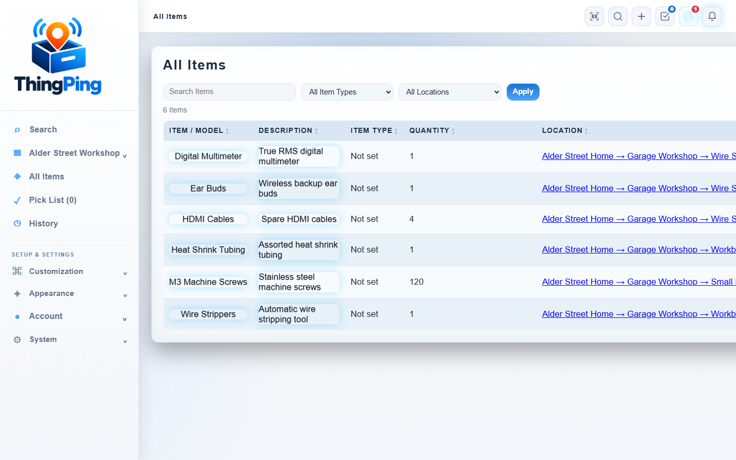ThingPing All Items view showing quantities and complete storage paths