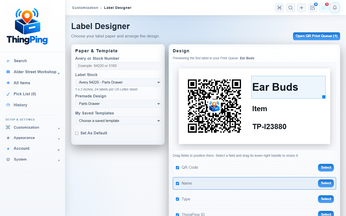 ThingPing Label Designer previewing an Ear Buds QR label